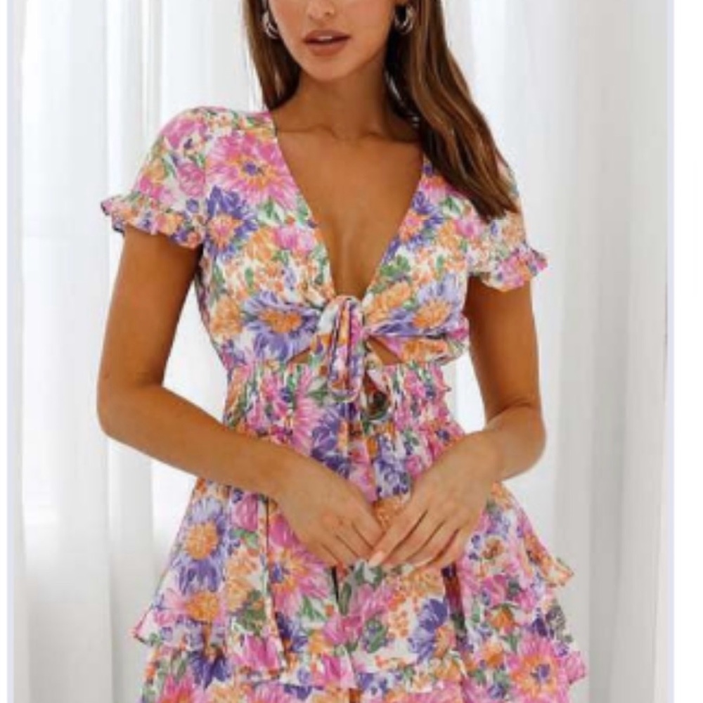 Selfie Leslie Athena Bow-Tie Front Layered Frill Dress Floral Print